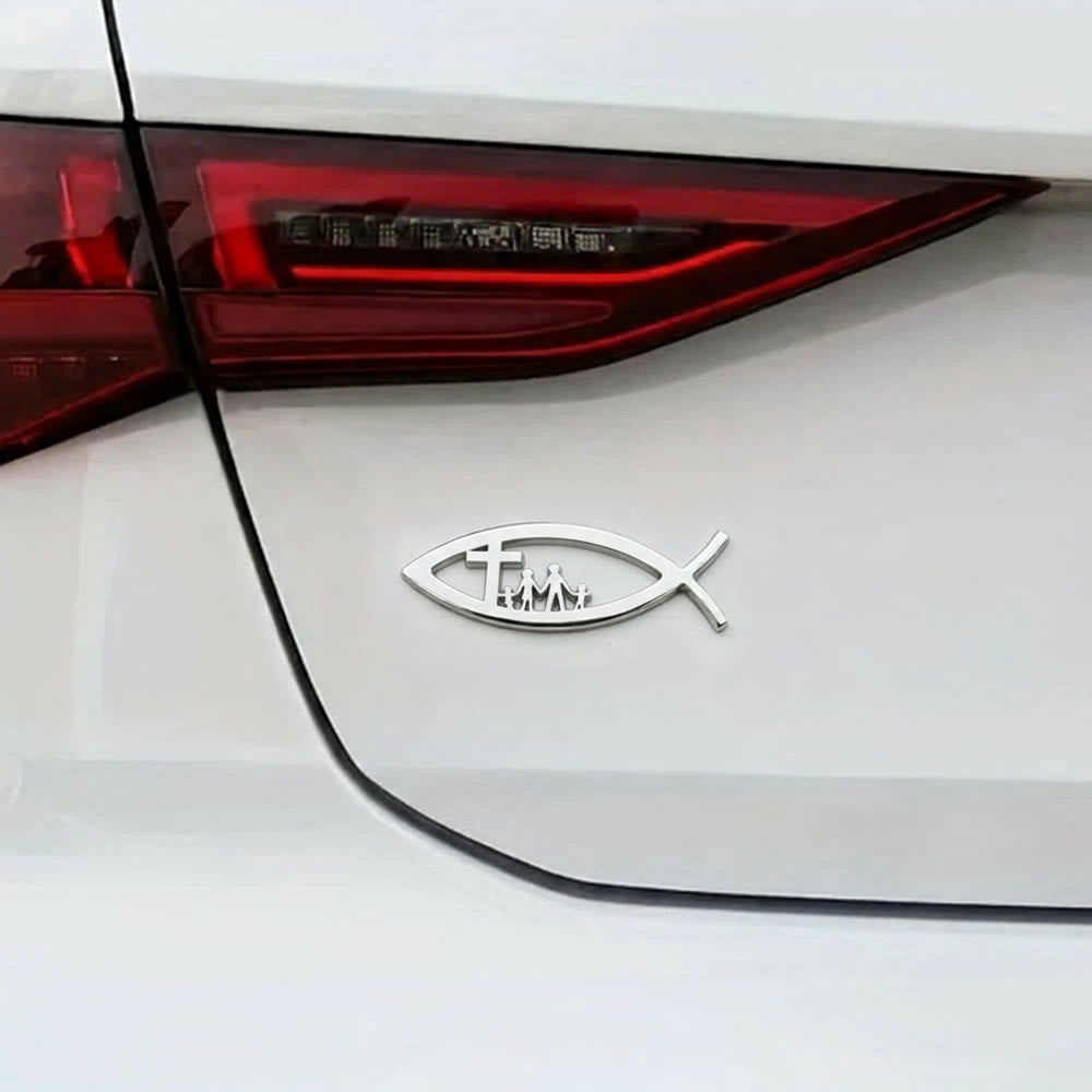 Christianartworkshop Ichthys Hollow Fish Car Sticker with Cross & Family Silhouette: A Symbol of Family Blessing & Divine Shelter - image 2