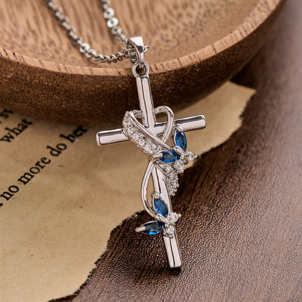Christianartworkshop Vine Wrapped Butterfly Cross Zircon Necklace: 4 Color Sacred Redemption Faith Pendant Jewelry - Dark Blue - image 10