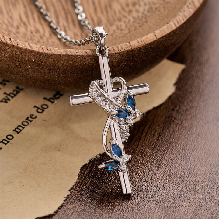 Christianartworkshop Vine Wrapped Butterfly Cross Zircon Necklace: 4 Color Sacred Redemption Faith Pendant Jewelry - Dark Blue - image 10