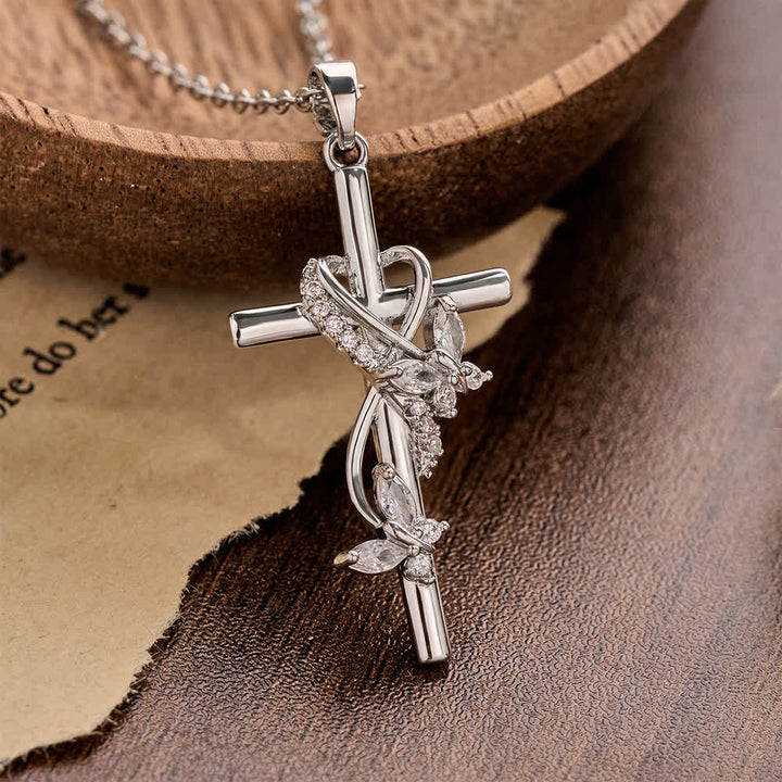 Christianartworkshop Vine Wrapped Butterfly Cross Zircon Necklace: 4 Color Sacred Redemption Faith Pendant Jewelry - White - image 0