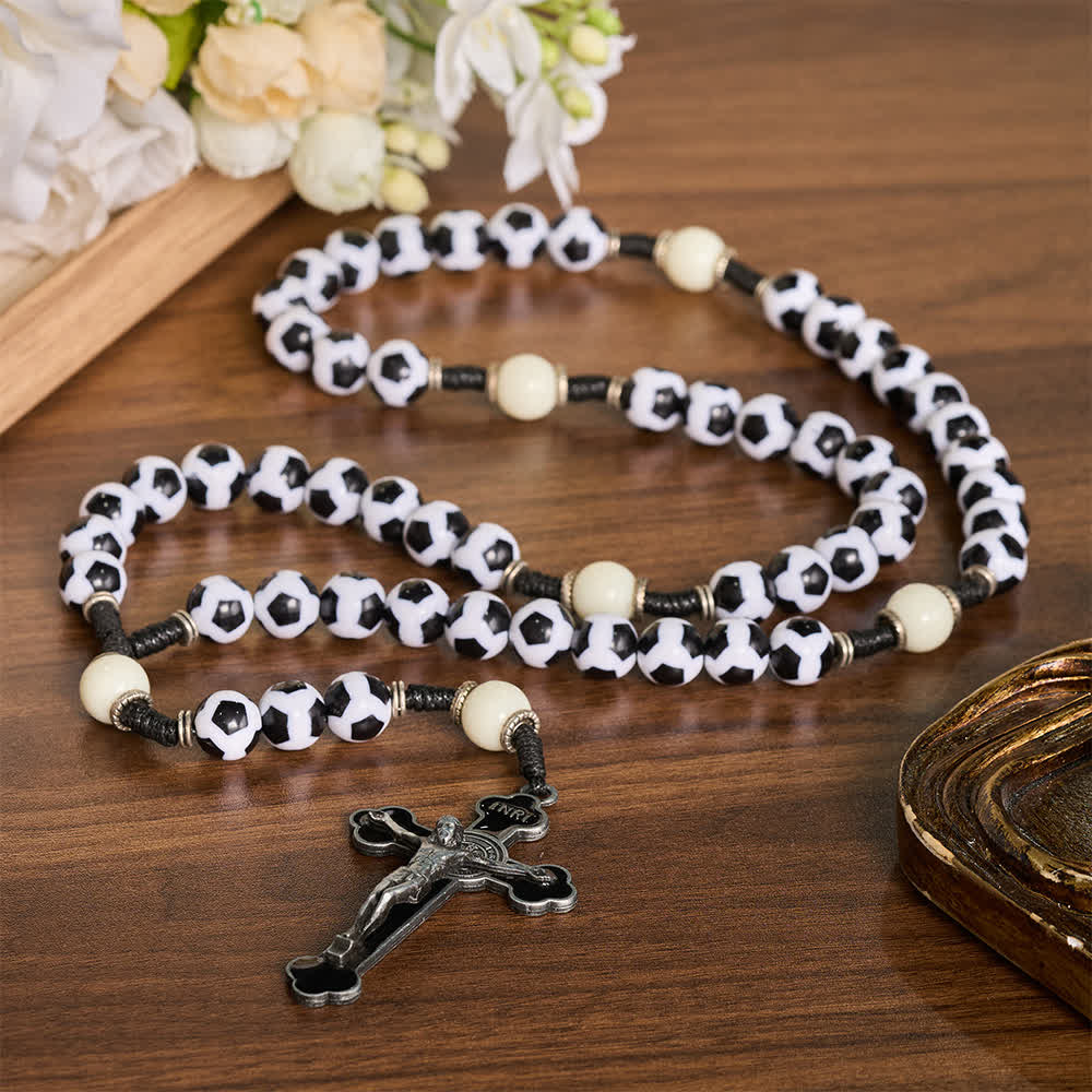 FREE Today: Classic Soccer Panel Pattern Bead Knotted Cord Rosary With Vintage Metal Crucifix - image 1