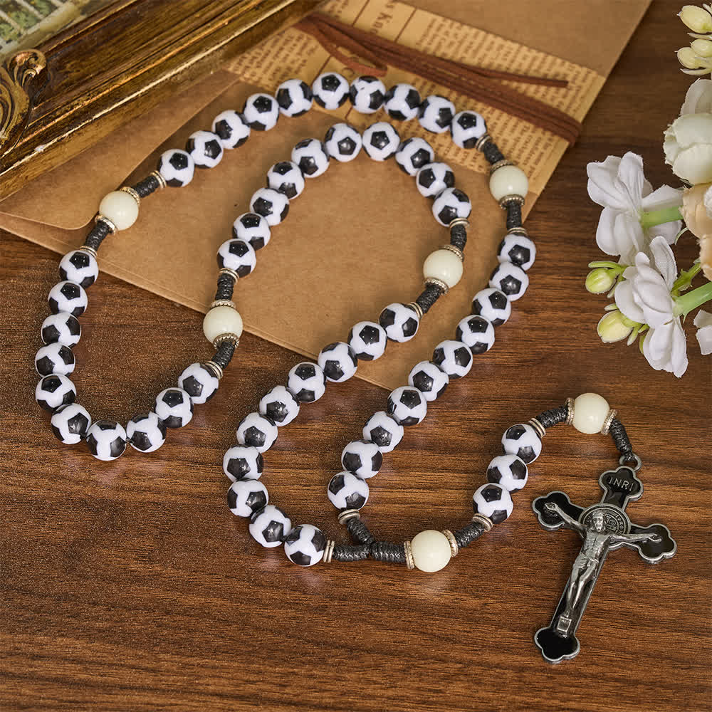 FREE Today: Classic Soccer Panel Pattern Bead Knotted Cord Rosary With Vintage Metal Crucifix - Soccer-Themed Rosary - image 0