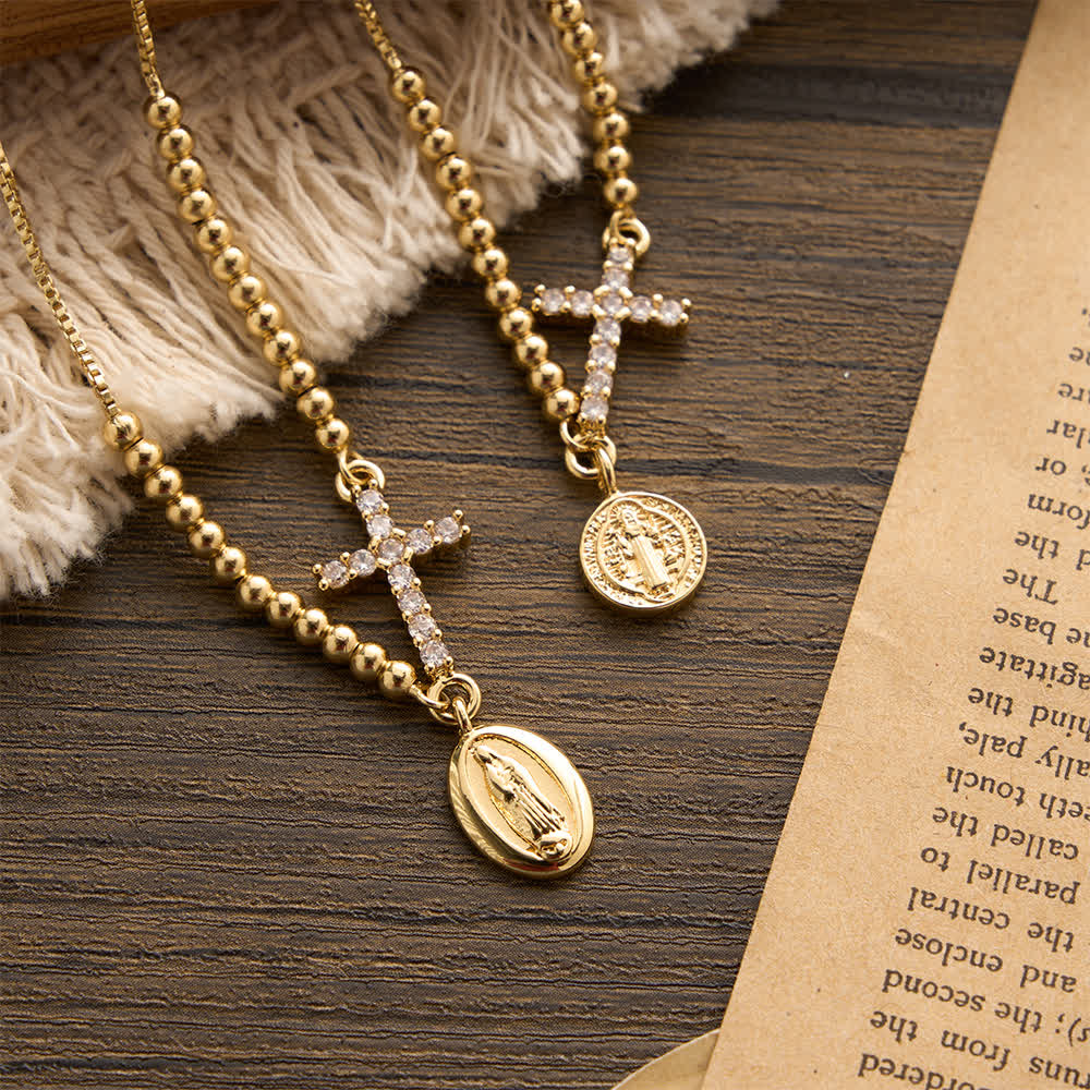 FREE Today: Mini Golden Bead Adjustable Bracelet With Paved Zircon Cross And Our Lady & Saint Benedict Medallion - image 0