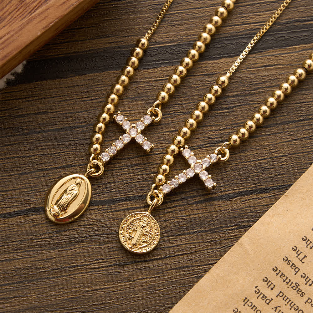 FREE Today: Mini Golden Bead Adjustable Bracelet With Paved Zircon Cross And Our Lady & Saint Benedict Medallion - image 4