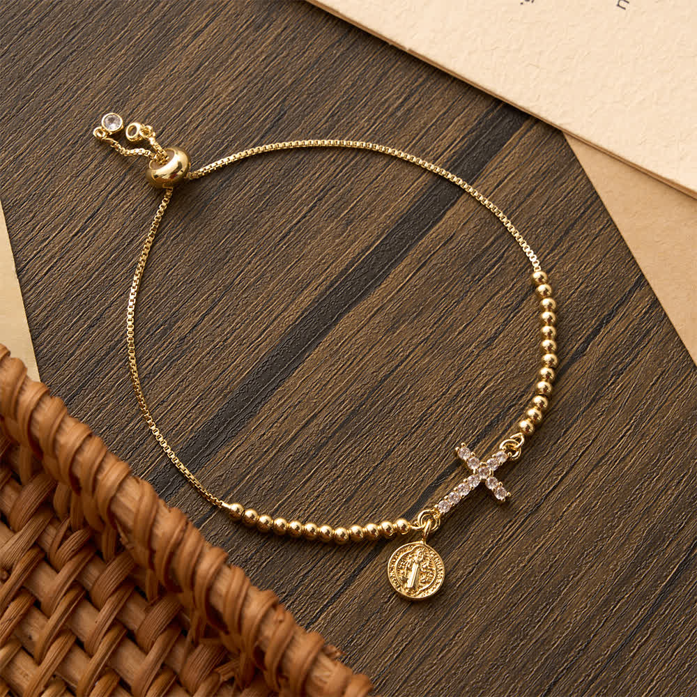 FREE Today: Mini Golden Bead Adjustable Bracelet With Paved Zircon Cross And Our Lady & Saint Benedict Medallion - St.Benedict - image 3