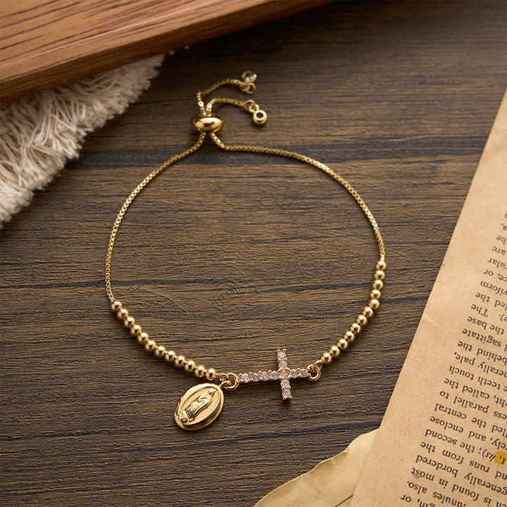 FREE Today: Mini Golden Bead Adjustable Bracelet With Paved Zircon Cross And Our Lady & Saint Benedict Medallion - Our Lady - image 2