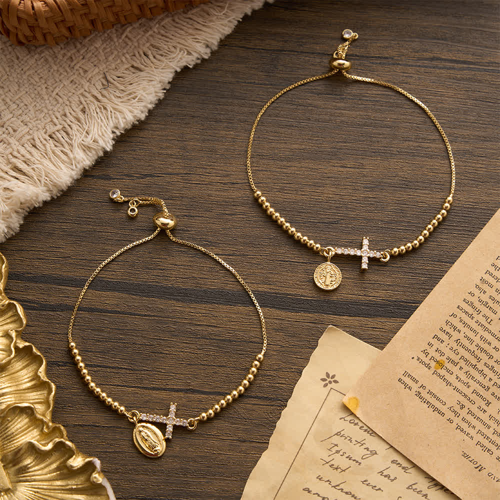 FREE Today: Mini Golden Bead Adjustable Bracelet With Paved Zircon Cross And Our Lady & Saint Benedict Medallion - image 1