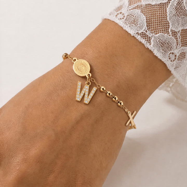 FREE Today: Customizable 26 Letter Paved Zircon Initial Beaded Rosary Bracelet With Our Lady Miraculous Medal - W - image 27