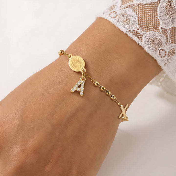 FREE Today: Customizable 26 Letter Paved Zircon Initial Beaded Rosary Bracelet With Our Lady Miraculous Medal - A - image 0