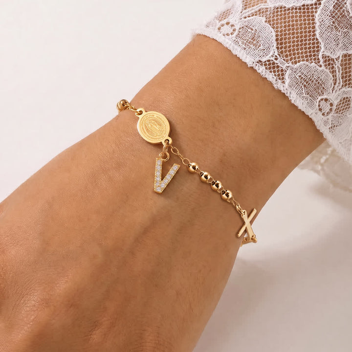 FREE Today: Customizable 26 Letter Paved Zircon Initial Beaded Rosary Bracelet With Our Lady Miraculous Medal - V - image 26