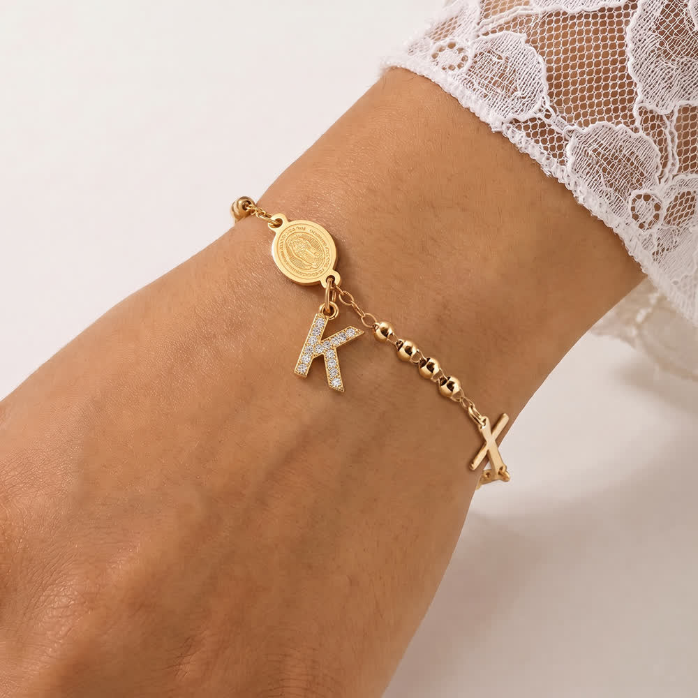 FREE Today: Customizable 26 Letter Paved Zircon Initial Beaded Rosary Bracelet With Our Lady Miraculous Medal - K - image 15