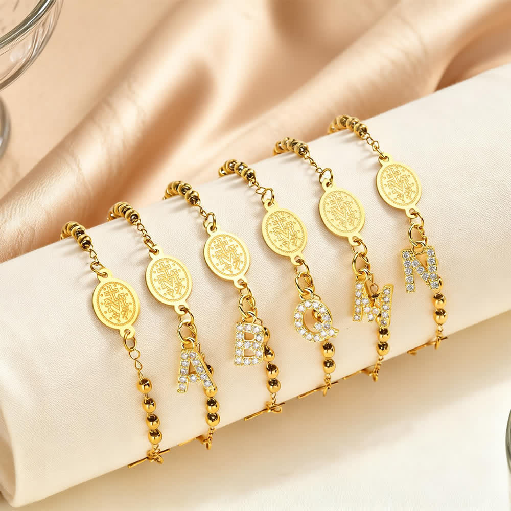 FREE Today: Customizable 26 Letter Paved Zircon Initial Beaded Rosary Bracelet With Our Lady Miraculous Medal - image 2
