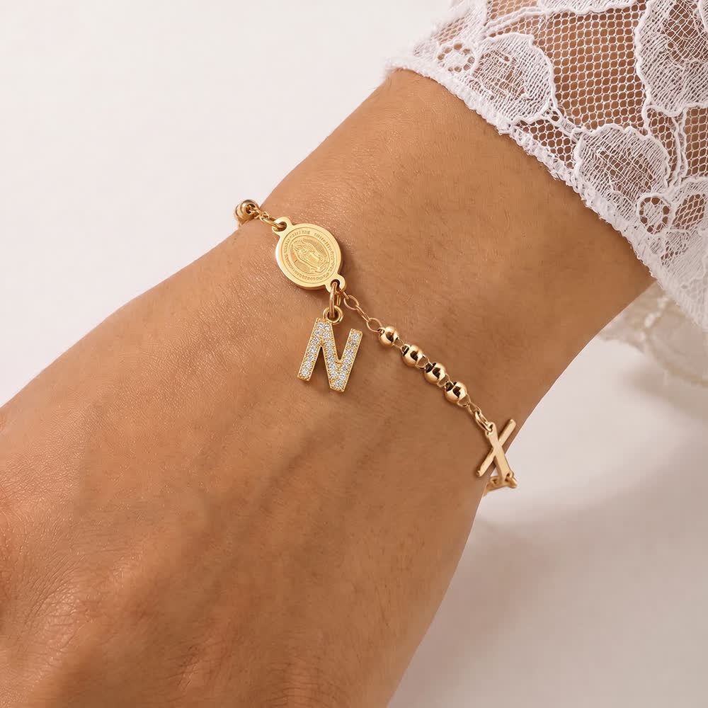 FREE Today: Customizable 26 Letter Paved Zircon Initial Beaded Rosary Bracelet With Our Lady Miraculous Medal - N - image 18