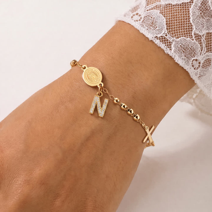 FREE Today: Customizable 26 Letter Paved Zircon Initial Beaded Rosary Bracelet With Our Lady Miraculous Medal - N - image 18