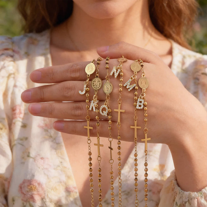 FREE Today: Customizable 26 Letter Paved Zircon Initial Beaded Rosary Bracelet With Our Lady Miraculous Medal - image 1
