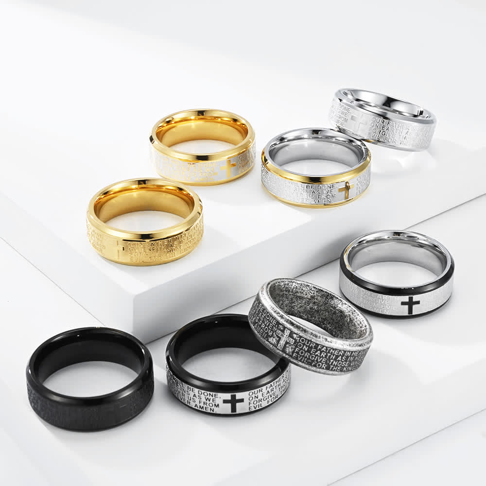 FREE Today: Deep Engraved Cross Lord’s Prayer Stainless Steel Wide Band Ring: Emblem of Abiding Heavenly Faith - image 1
