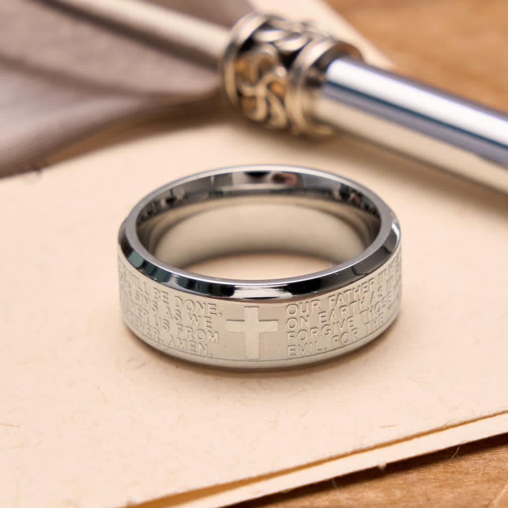 Christianartworkshop Deep Engraved Cross Lord’s Prayer Stainless Steel Wide Band Ring: Emblem of Abiding Heavenly Faith - Silver - US 13 - image 2