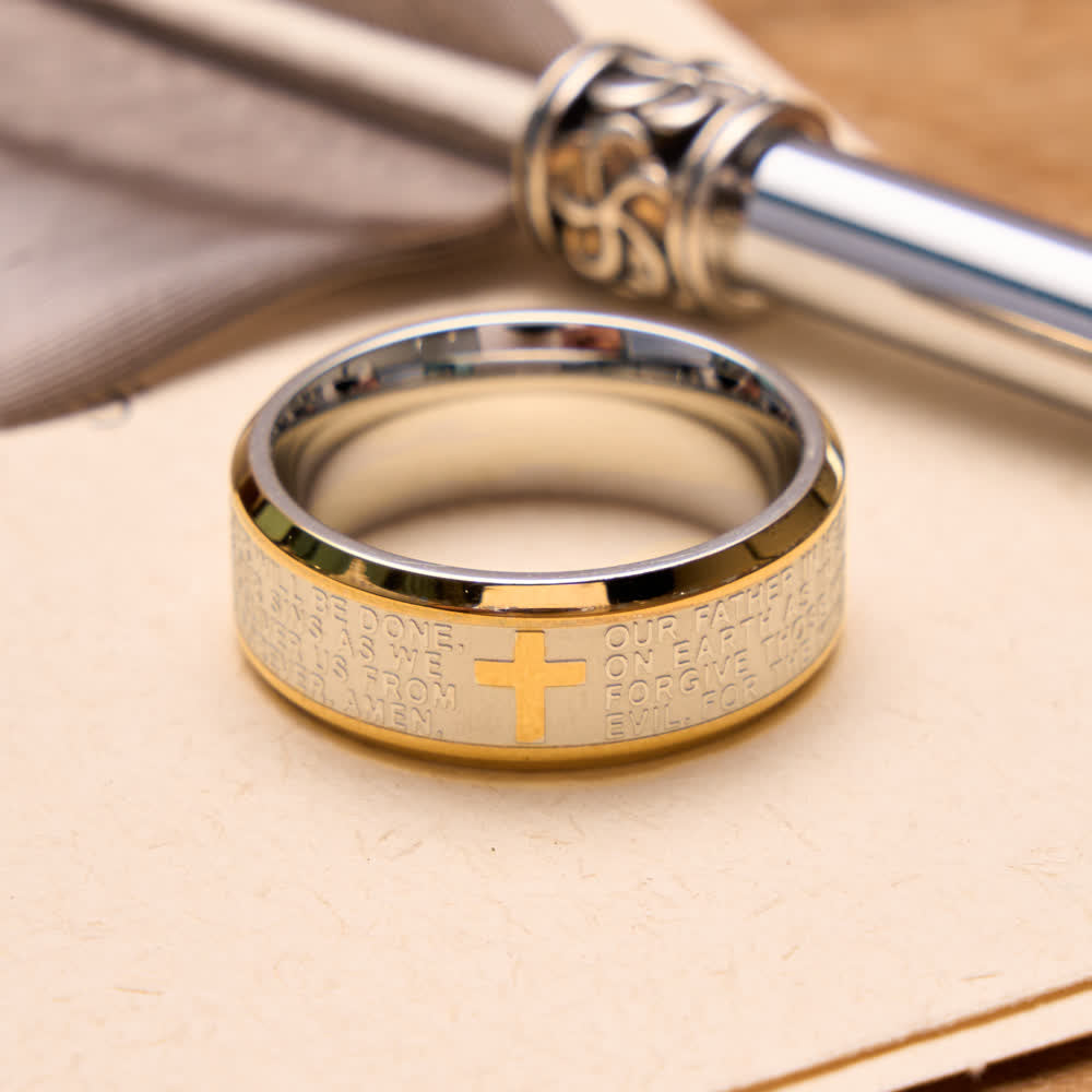 Christianartworkshop Deep Engraved Cross Lord’s Prayer Stainless Steel Wide Band Ring: Emblem of Abiding Heavenly Faith - Silver & Golden - US 13 - image 6