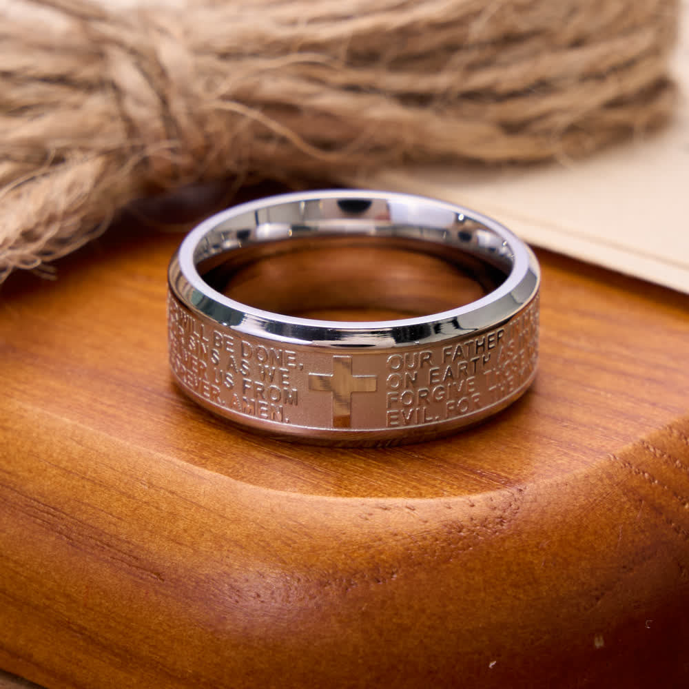 Christianartworkshop Deep Engraved Cross Lord’s Prayer Stainless Steel Wide Band Ring: Emblem of Abiding Heavenly Faith - image 4