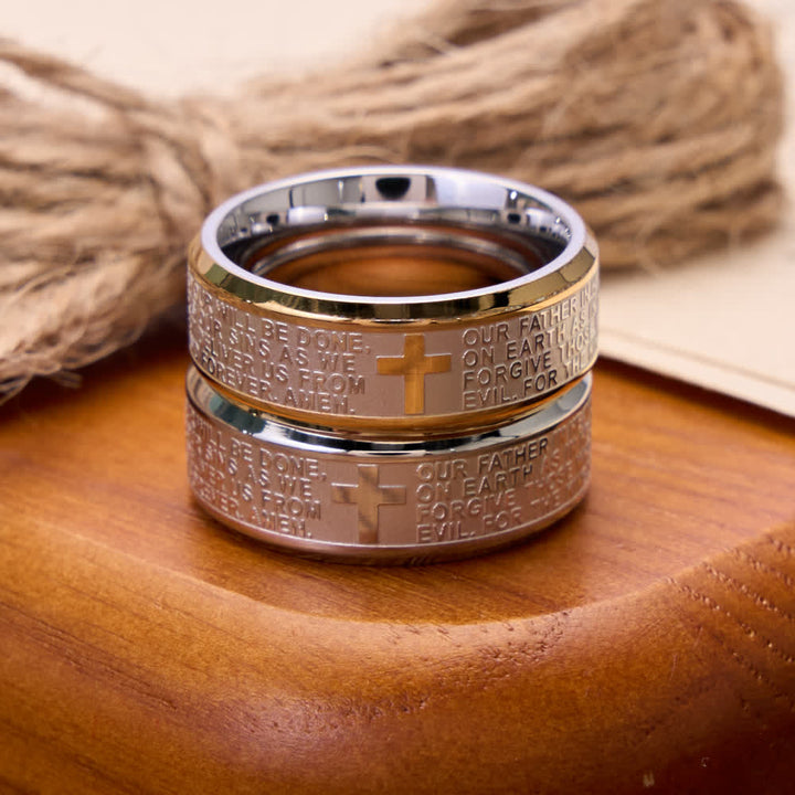 Christianartworkshop Deep Engraved Cross Lord’s Prayer Stainless Steel Wide Band Ring: Emblem of Abiding Heavenly Faith - image 1