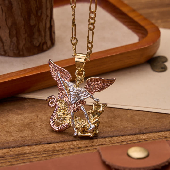 FREE Today: Three-Tone Electroplated 3D Embossed Saint Michael Archangel Figaro Chain Necklace - St.Michael - image 0