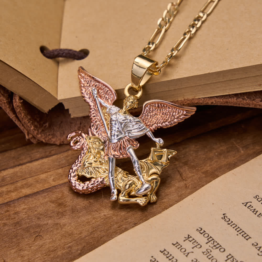 FREE Today: Three-Tone Electroplated 3D Embossed Saint Michael Archangel Figaro Chain Necklace - image 1
