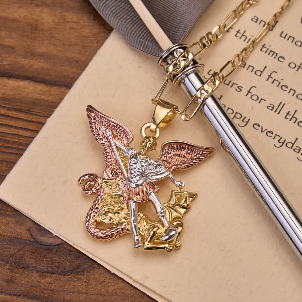 FREE Today: Three-Tone Electroplated 3D Embossed Saint Michael Archangel Figaro Chain Necklace - image 2