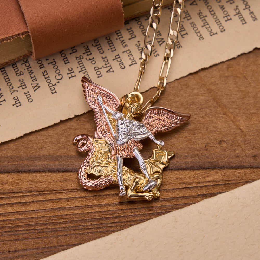 FREE Today: Three-Tone Electroplated 3D Embossed Saint Michael Archangel Figaro Chain Necklace - image 3