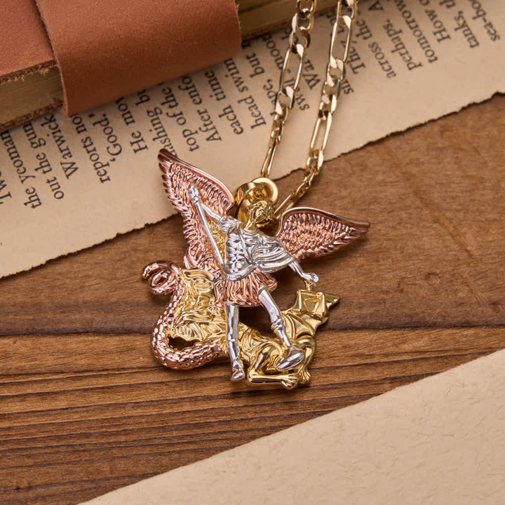 FREE Today: Three-Tone Electroplated 3D Embossed Saint Michael Archangel Figaro Chain Necklace - image 3