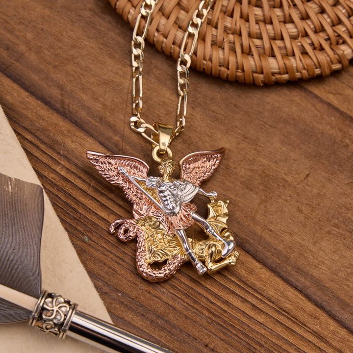 FREE Today: Three-Tone Electroplated 3D Embossed Saint Michael Archangel Figaro Chain Necklace - image 4