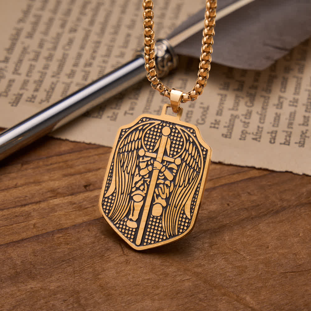 FREE Today: Double-Sided Deep Engraved Saint Michael Archangel Shield Box Chain Necklace - Golden - image 2