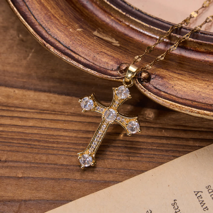 FREE Today: Vintage Ornate Full Paved Zircon Cross Flat Link Chain Necklace : Emblem of Radiant Heavenly Salvation - Golden - image 4