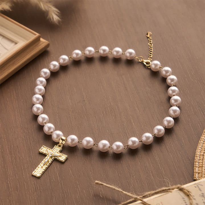 FREE Today: Lustrous Round Pearl Bead Two-Tone Embossed Crucifix Necklace: Emblem of Pure Heavenly Serenity - image 2