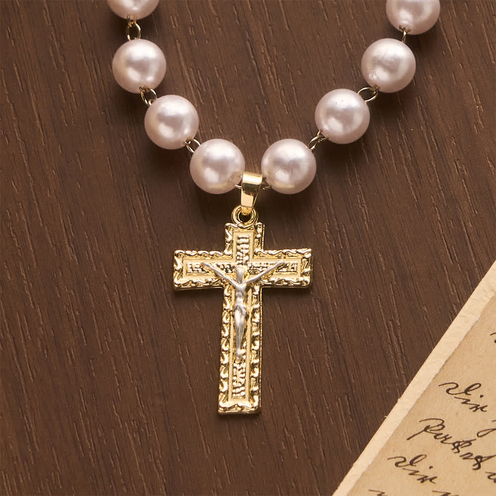 FREE Today: Lustrous Round Pearl Bead Two-Tone Embossed Crucifix Necklace: Emblem of Pure Heavenly Serenity - image 1