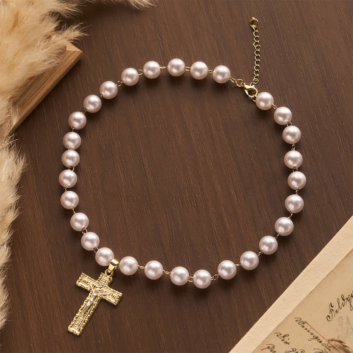 FREE Today: Lustrous Round Pearl Bead Two-Tone Embossed Crucifix Necklace: Emblem of Pure Heavenly Serenity - Pearl Crucifix - image 0