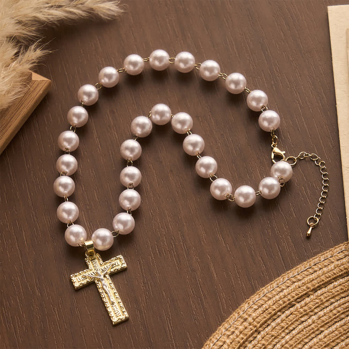 FREE Today: Lustrous Round Pearl Bead Two-Tone Embossed Crucifix Necklace: Emblem of Pure Heavenly Serenity - image 3