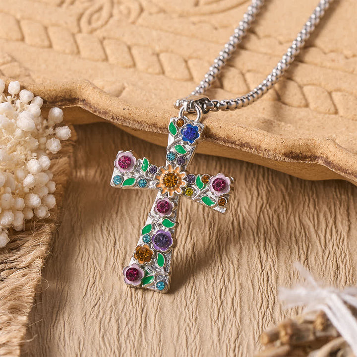 FREE Today: Enamel Floral Multi-Colored Zircon Cross Box Chain Necklace: Emblem of Vibrant Heavenly Hope - Flora-Themed Cross - image 0