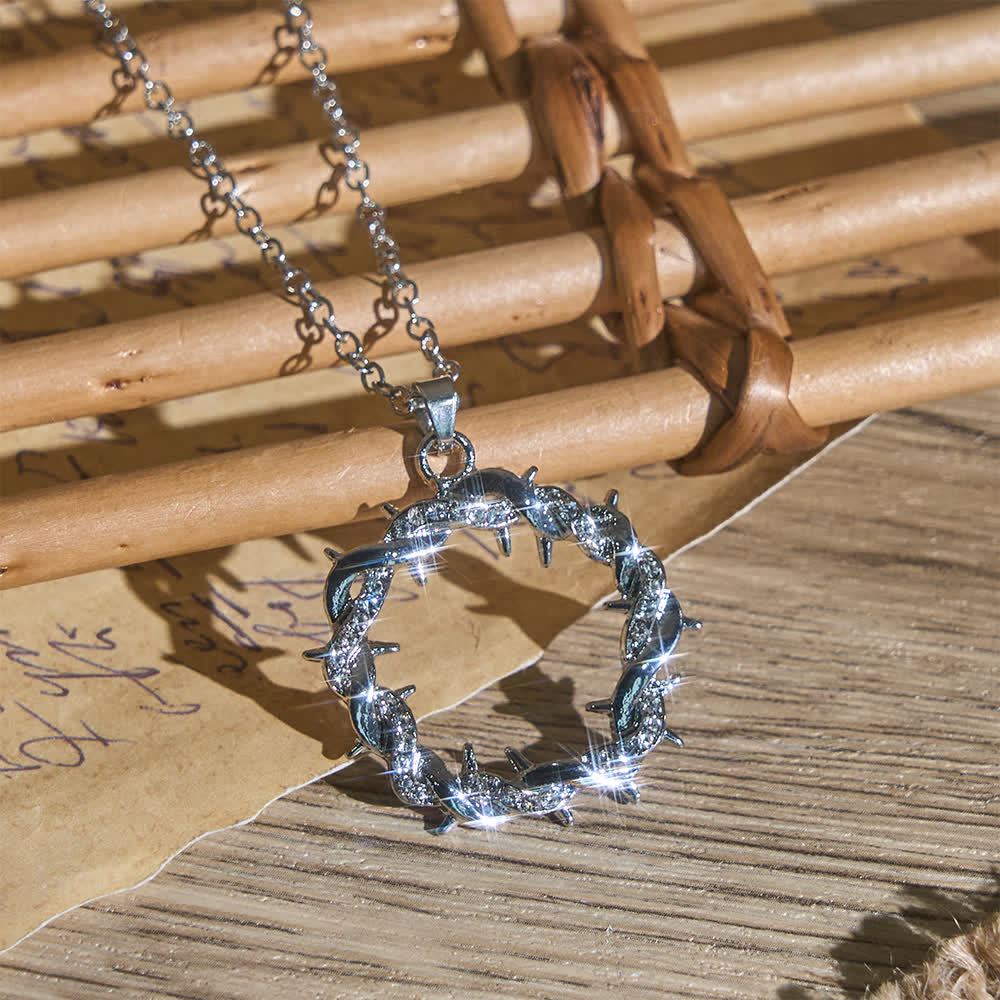 FREE Today: Paved Zircon Open Circle Crown of Thorns Pendant Necklace: Emblem of Sacred Redeeming Grace - Silver - image 0