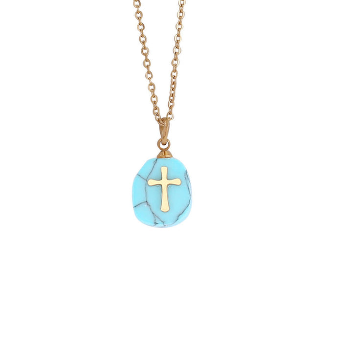 FREE Today: Organic Irregular Natural Stone Overlay Metal Cross Necklace: Emblem of Steadfast Heavenly Faith - Oval Shape Turquoise - image 8