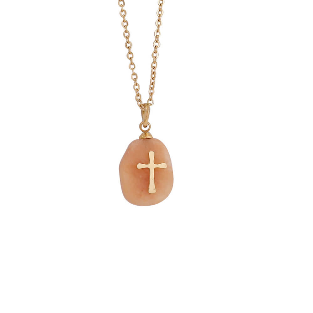 FREE Today: Organic Irregular Natural Stone Overlay Metal Cross Necklace: Emblem of Steadfast Heavenly Faith - Orange Aventurine - image 9
