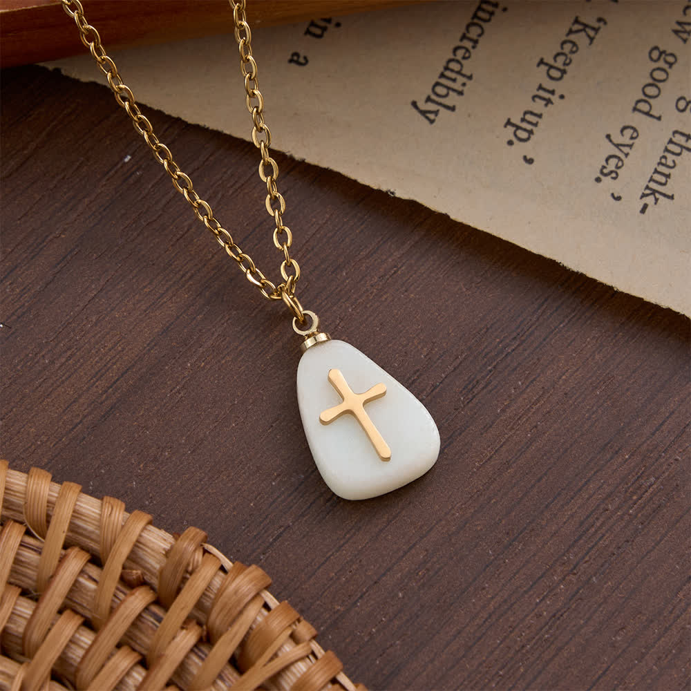 FREE Today: Organic Irregular Natural Stone Overlay Metal Cross Necklace: Emblem of Steadfast Heavenly Faith - White Chalcedony - image 1