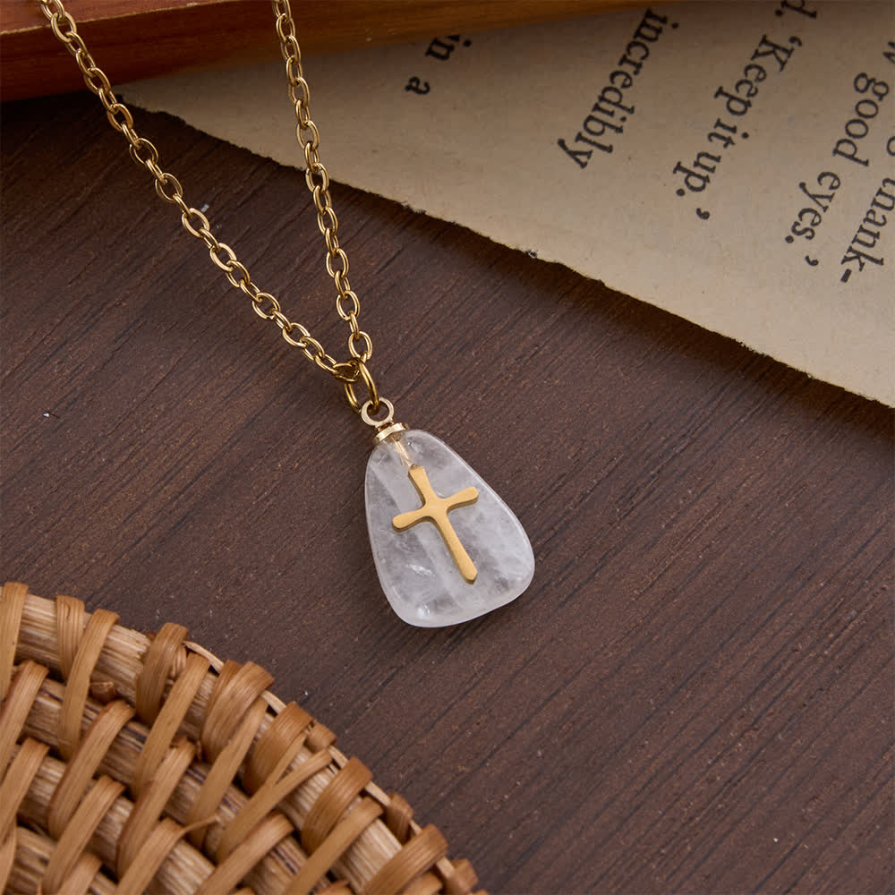 FREE Today: Organic Irregular Natural Stone Overlay Metal Cross Necklace: Emblem of Steadfast Heavenly Faith - Clear Quartz - image 3
