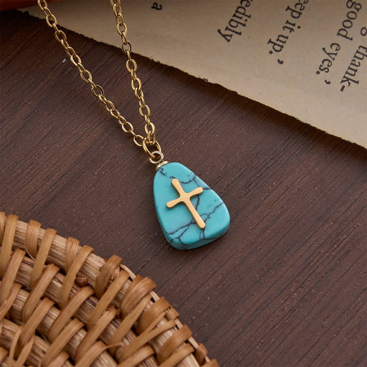 FREE Today: Organic Irregular Natural Stone Overlay Metal Cross Necklace: Emblem of Steadfast Heavenly Faith - Drop Shape Turquoise - image 2