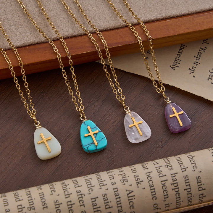 FREE Today: Organic Irregular Natural Stone Overlay Metal Cross Necklace: Emblem of Steadfast Heavenly Faith - image 0