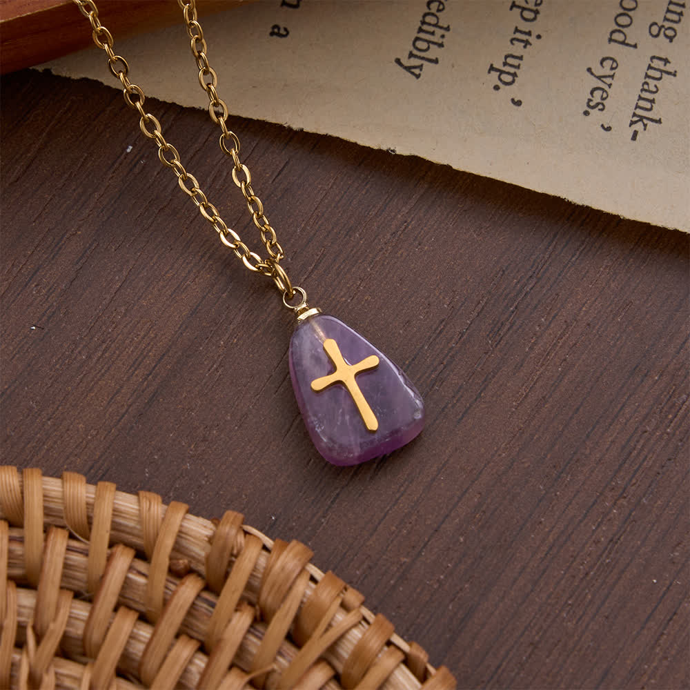 FREE Today: Organic Irregular Natural Stone Overlay Metal Cross Necklace: Emblem of Steadfast Heavenly Faith - Amethyst - image 4