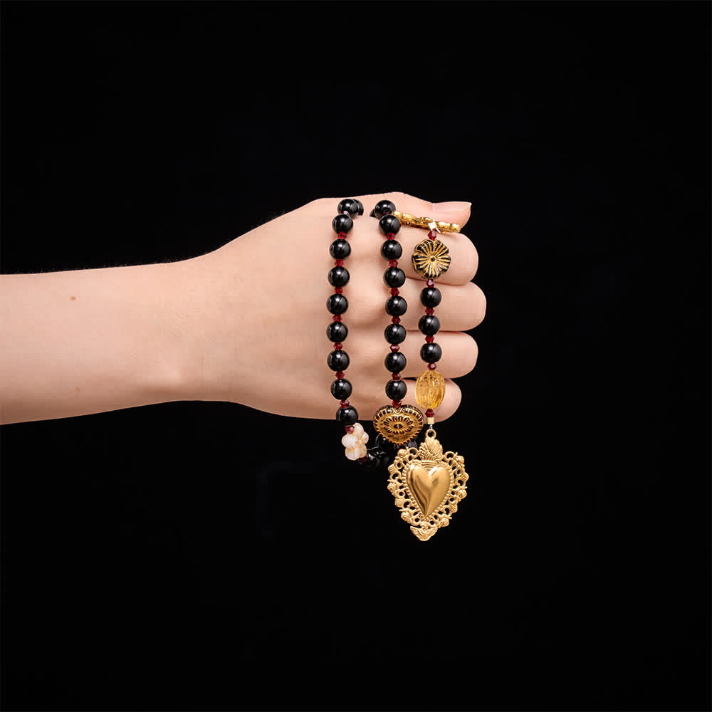 Christianartworkshop Vintage Sacred Heart Black Round Bead Rosary With Miraculous Medal & Crystal Spacers - image 1