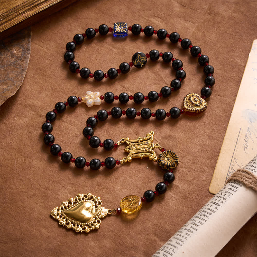 Christianartworkshop Vintage Sacred Heart Black Round Bead Rosary With Miraculous Medal & Crystal Spacers - Sacred Heart-Themed Rosary - image 0