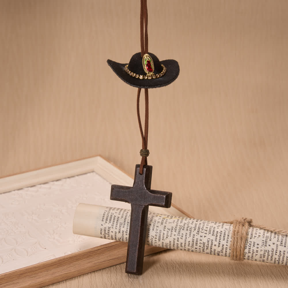 Christianartworkshop Western Vintage Hanging Auto Ornament Decorated With Felt Our Lady Cowboy Hat And Wood Cross  - Brown - image 0