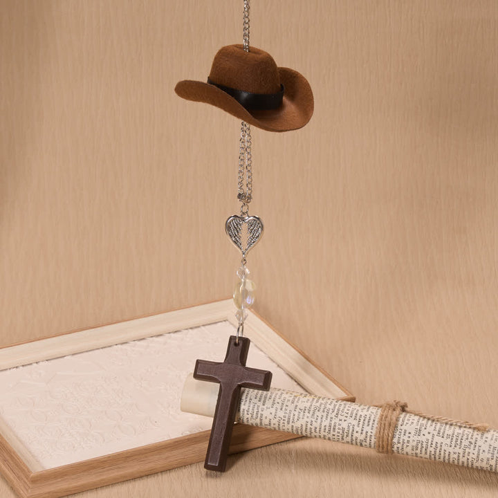 Christianartworkshop Cowboy Hat Angel Wing Wooden Cross Car Pendant: Timeless Token of Faithful Heavenly Safeguard - Brown - image 0
