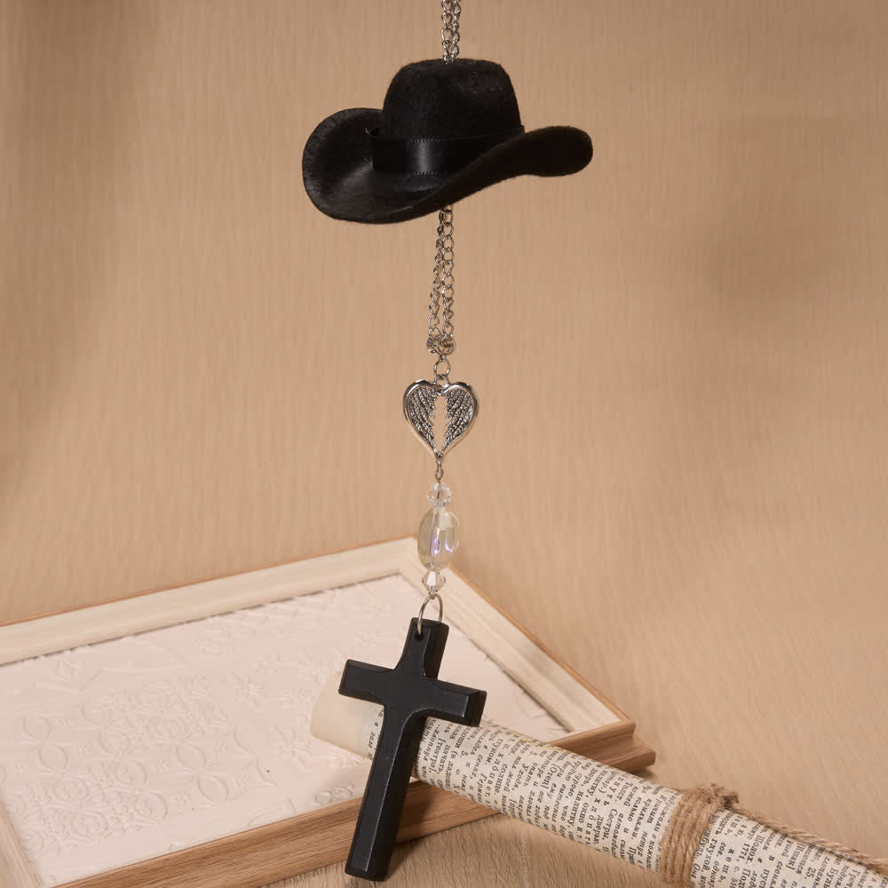 Christianartworkshop Cowboy Hat Angel Wing Wooden Cross Car Pendant: Timeless Token of Faithful Heavenly Safeguard - Black - image 5
